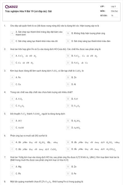 Trắc nghiệm Hóa 9 Bài 19 (có đáp án): Sắt