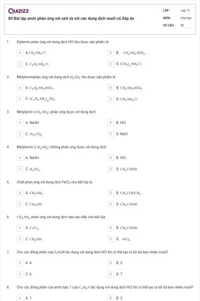 80 Bài tập amin phản ứng với axit và với các dung dịch muối có đáp án