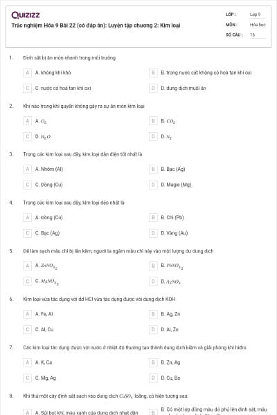 Trắc nghiệm Hóa 9 Bài 22 (có đáp án): Luyện tập chương 2: Kim loại
