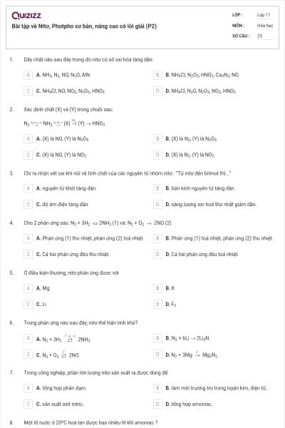 Bài tập về Nitơ, Photpho cơ bản, nâng cao có lời giải (P2)