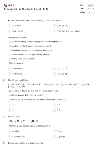 Đề thi giữa kì 2 Hóa 11 có đáp án (Bài số 2 - Đề 1)