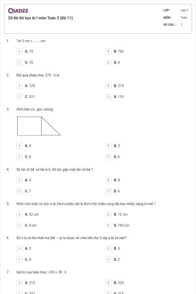 20 Đề thi học kì I môn Toán 3 (Đề 11)