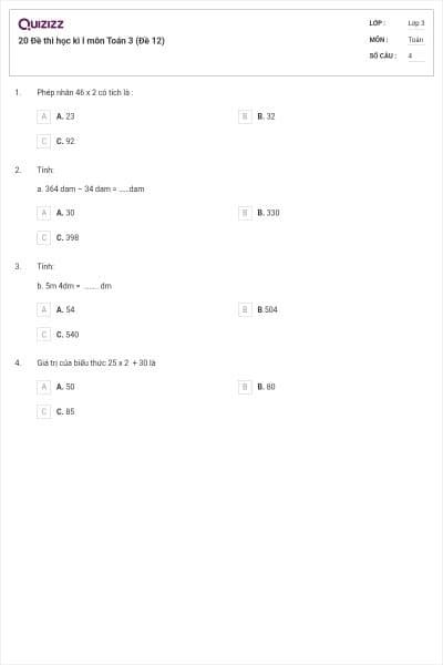 20 Đề thi học kì I môn Toán 3 (Đề 12)