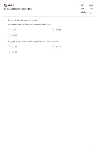 Đề thi học kì I môn Toán 3 (đề 8)