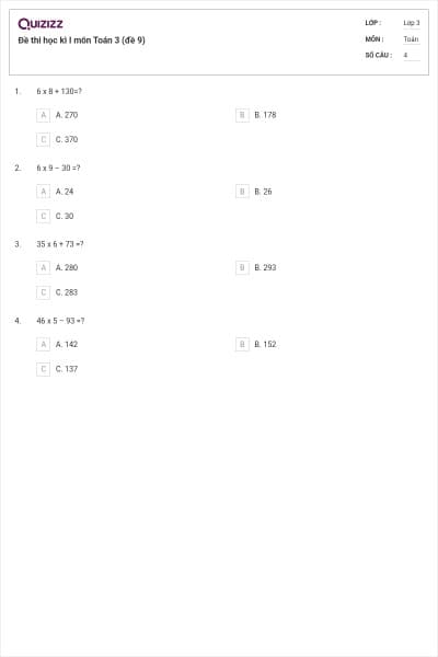 Đề thi học kì I môn Toán 3 (đề 9)