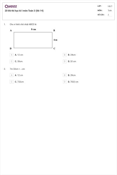 20 Đề thi học kì I môn Toán 3 (Đề 14)