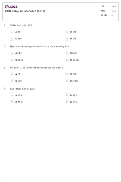 20 Đề thi học kì I môn Toán 3 (Đề 15)