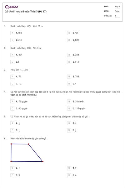 20 Đề thi học kì I môn Toán 3 (Đề 17)