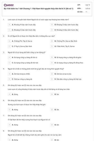 Bộ 4  Đề kiểm tra 1 tiết Chương 1: Việt Nam thời nguyên thủy đến thế kỉ X (Đề số 1)