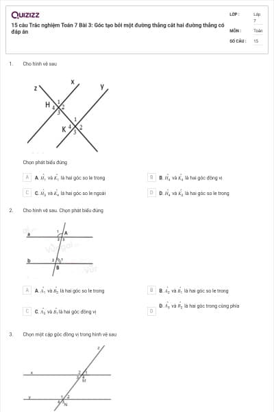 15 câu Trắc nghiệm Toán 7 Bài 3: Góc tạo bởi một đường thẳng cắt hai đường thẳng có đáp án