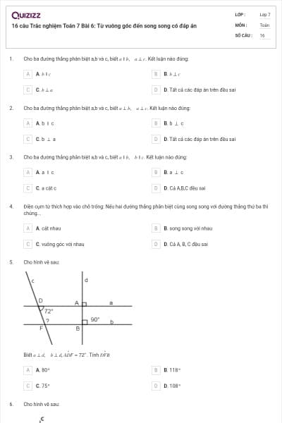 16 câu Trắc nghiệm Toán 7 Bài 6: Từ vuông góc đến song song có đáp án