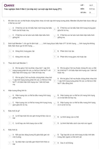 Trắc nghiệm Sinh 9 Bài 2 (có đáp án): Lai một cặp tính trạng (P1)
