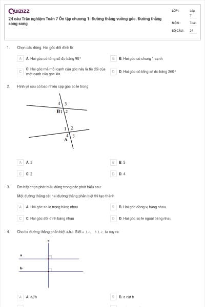 24 câu Trắc nghiệm Toán 7 Ôn tập chương 1: Đường thẳng vuông góc. Đường thẳng song song