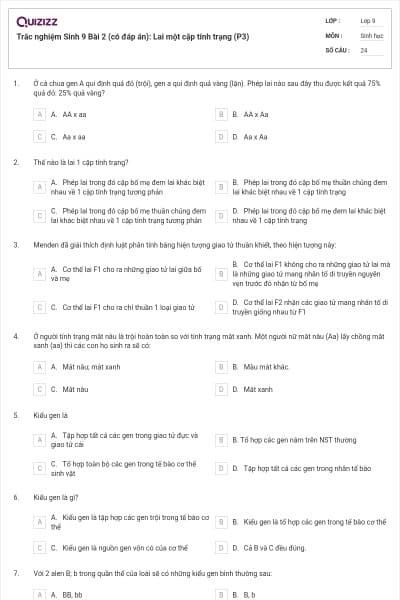 Trắc nghiệm Sinh 9 Bài 2 (có đáp án): Lai một cặp tính trạng (P3)