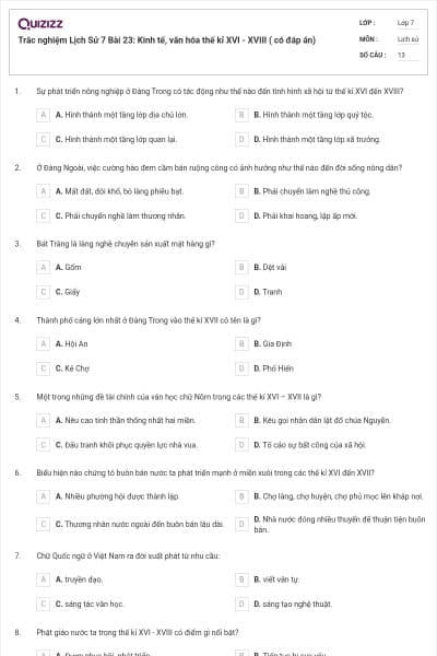 Trắc nghiệm Lịch Sử 7 Bài 23: Kinh tế, văn hóa thế kỉ XVI - XVIII ( có đáp án)