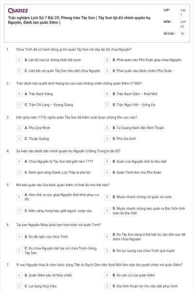 Trắc nghiệm Lịch Sử 7 Bài 25: Phong trào Tây Sơn ( Tây Sơn lật đổ chính quyền họ Nguyễn, đánh tan quân Xiêm )