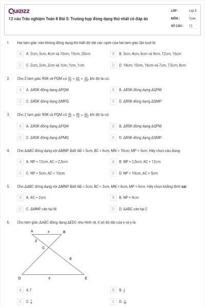 12 câu Trắc nghiệm Toán 8 Bài 5: Trường hợp đồng dạng thứ nhất có đáp án