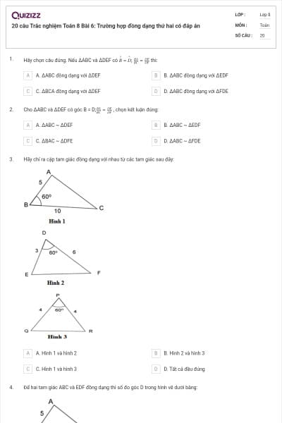 20 câu Trắc nghiệm Toán 8 Bài 6: Trường hợp đồng dạng thứ hai có đáp án