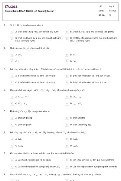Trắc nghiệm Hóa 9 Bài 36 (có đáp án): Metan
