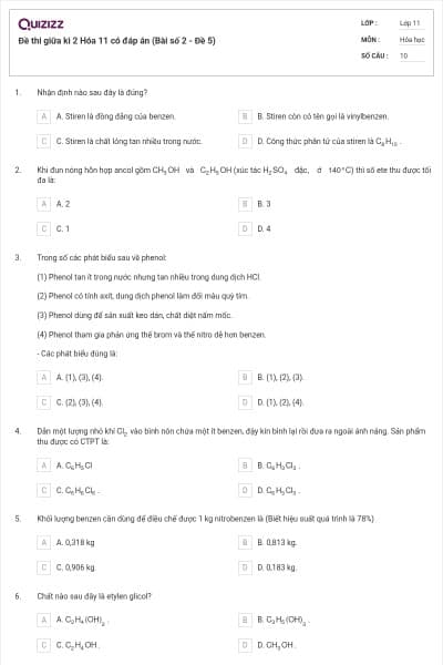 Đề thi giữa kì 2 Hóa 11 có đáp án (Bài số 2 - Đề 5)
