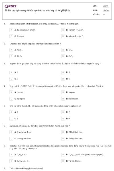 50 Bài tập Đại cương về hóa học hữu cơ siêu hay có lời giải (P2)