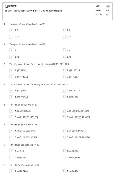 16 câu Trắc nghiệm Toán 6 Bài 13: Ước và bội có đáp án