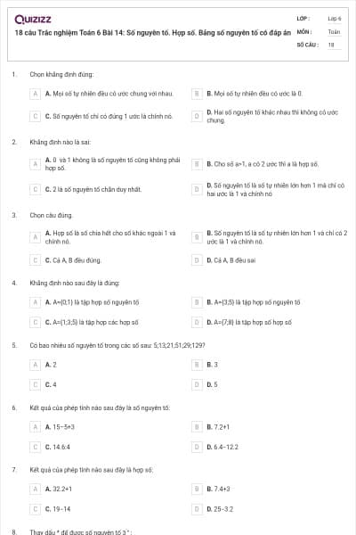 18 câu Trắc nghiệm Toán 6 Bài 14: Số nguyên tố. Hợp số. Bảng số nguyên tố có đáp án