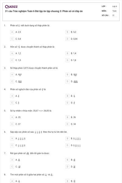 31 câu Trắc nghiệm Toán 6 Bài tập ôn tập chương 3: Phân số có đáp án