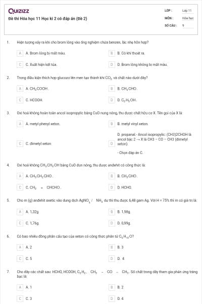 Đề thi Hóa học 11 Học kì 2 có đáp án (Đề 2)