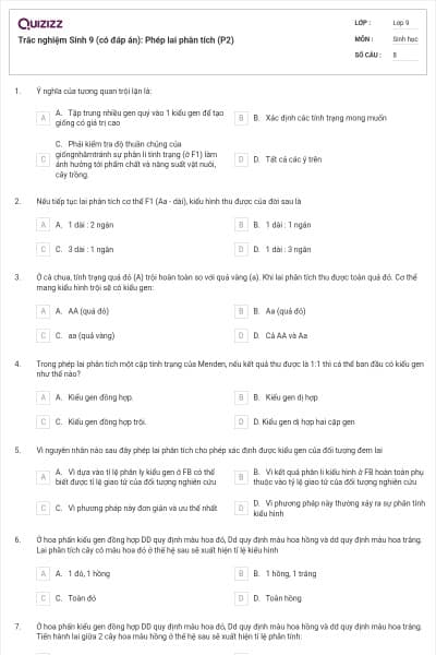 Trắc nghiệm Sinh 9 (có đáp án): Phép lai phân tích (P2)