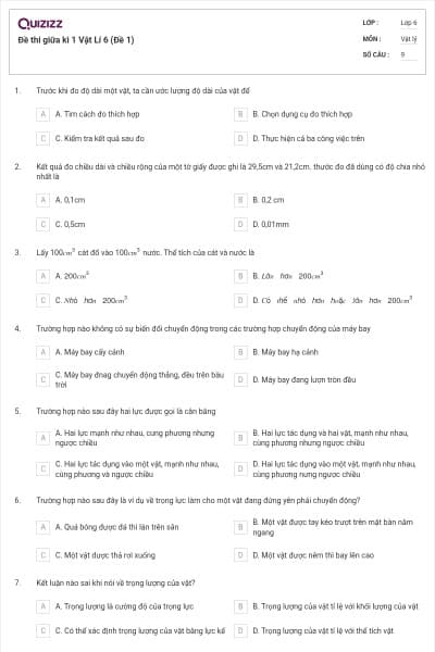 Đề thi giữa kì 1 Vật Lí 6 (Đề 1)