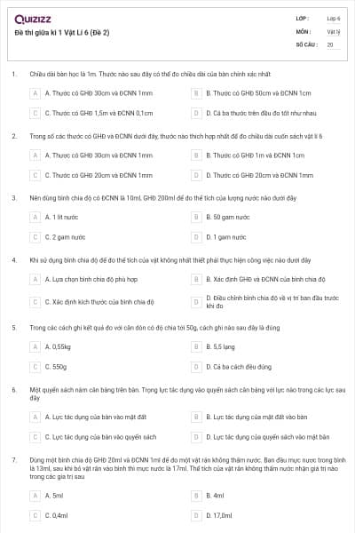 Đề thi giữa kì 1 Vật Lí 6 (Đề 2)