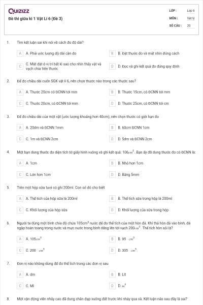 Đề thi giữa kì 1 Vật Lí 6 (Đề 3)