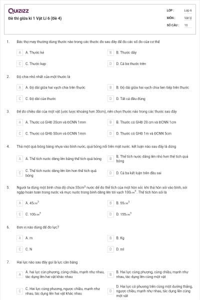 Đề thi giữa kì 1 Vật Lí 6 (Đề 4)