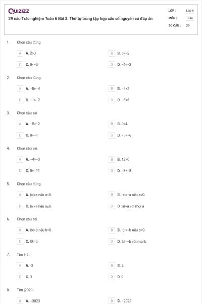 29 câu Trắc nghiệm Toán 6 Bài 3: Thứ tự trong tập hợp các số nguyên có đáp án