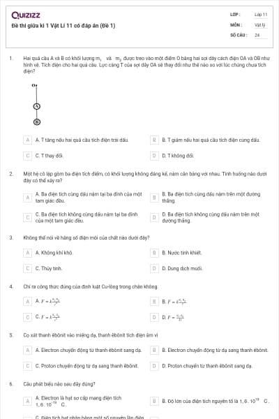 Đề thi giữa kì 1 Vật Lí 11 có đáp án (Đề 1)