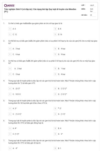 Trắc nghiệm Sinh 9 (có đáp án): Các dạng bài tập Quy luật di truyền của Menđen (P1)