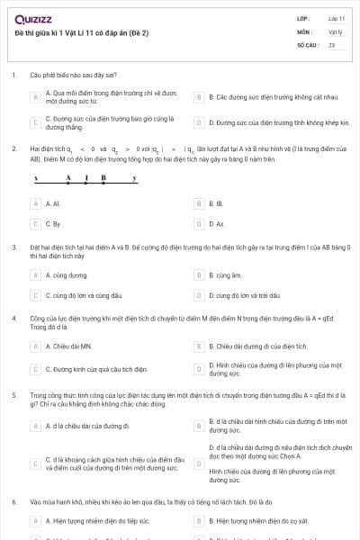 Đề thi giữa kì 1 Vật Lí 11 có đáp án (Đề 2)