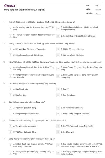 Đảng cộng sản Việt Nam ra đời (Có đáp án)