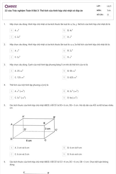 22 câu Trắc nghiệm Toán 8 Bài 3: Thể tích của hình hộp chữ nhật có đáp án
