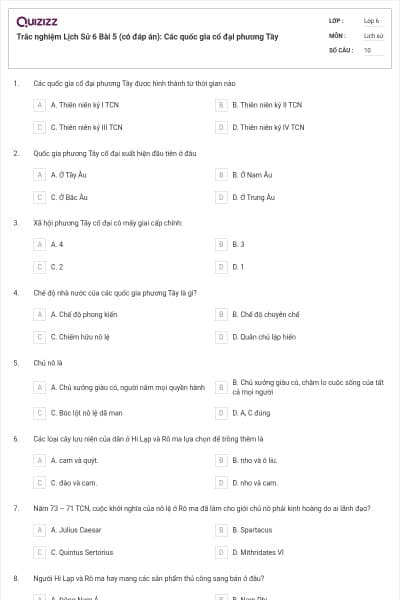 Trắc nghiệm Lịch Sử 6 Bài 5 (có đáp án): Các quốc gia cổ đại phương Tây