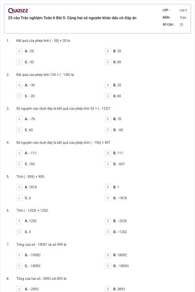 25 câu Trắc nghiệm Toán 6 Bài 5: Cộng hai số nguyên khác dấu có đáp án