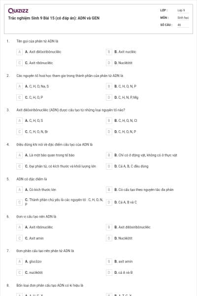 Trắc nghiệm Sinh 9 Bài 15 (có đáp án): ADN và GEN