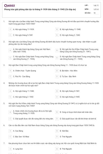 Phong trào giải phóng dân tộc từ tháng 9-1939 đến tháng 3-1945 (Có đáp án)