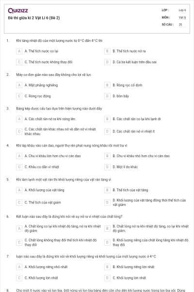 Đề thi giữa kì 2 Vật Lí 6 (Đề 2)
