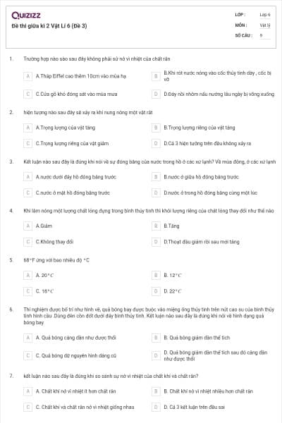 Đề thi giữa kì 2 Vật Lí 6 (Đề 3)