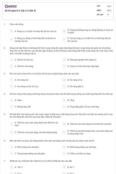 Đề thi giữa kì 2 Vật Lí 6 (Đề 4)