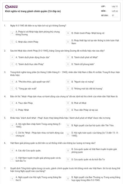 Khởi nghĩa vũ trang giành chính quyền (Có đáp án)
