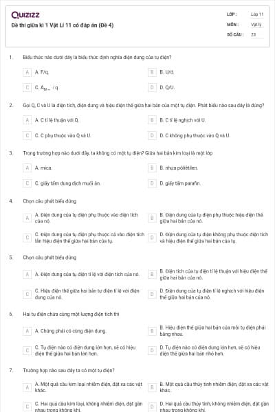 Đề thi giữa kì 1 Vật Lí 11 có đáp án (Đề 4)
