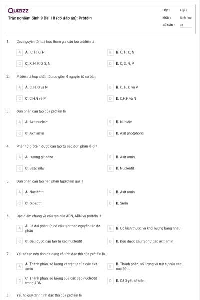 Trắc nghiệm Sinh 9 Bài 18 (có đáp án): Prôtêin